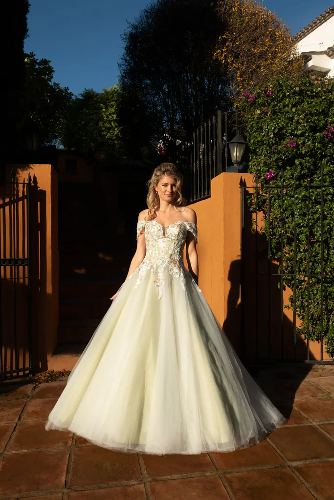 Voorkant van een gekleurde prinsessen trouwjurk in zachtgroen met een kanten off-shoulder top en een wijde tule baljurk rok.